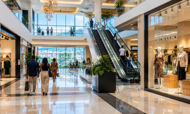 Shoppers walking through a bright shopping mall