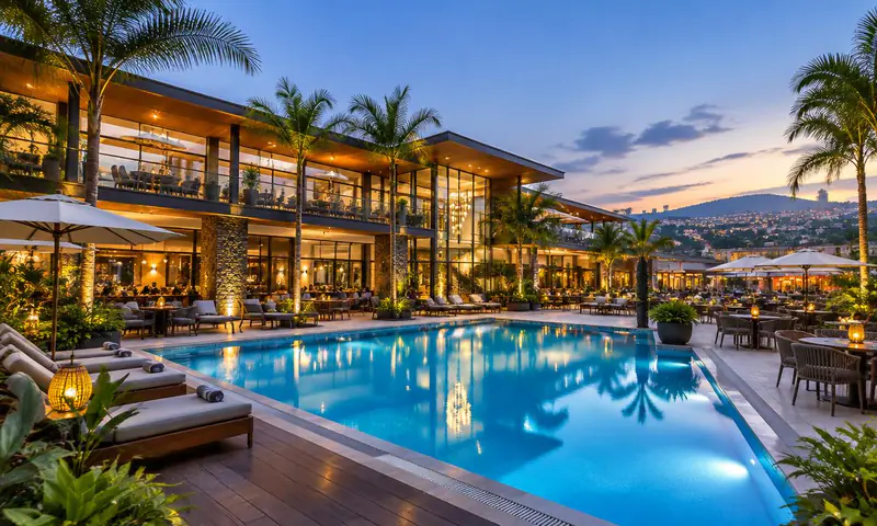 A hotel pool lit at dusk, with palm trees and the hills of Kigali